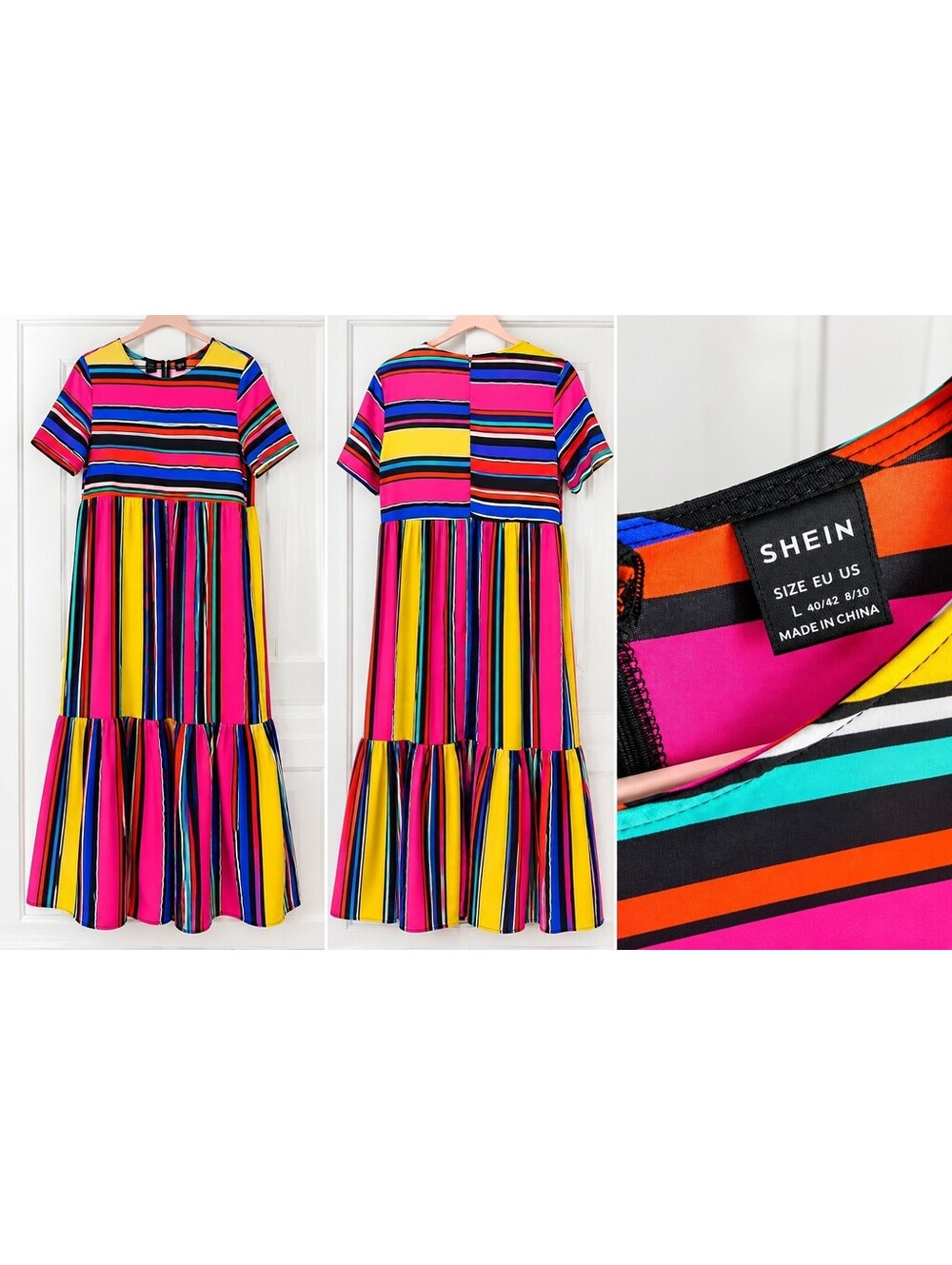 SHEIN Holidaya Striped Ruffle Hem Babydoll Maxi Dress Multicolor L 8/10 NWOT